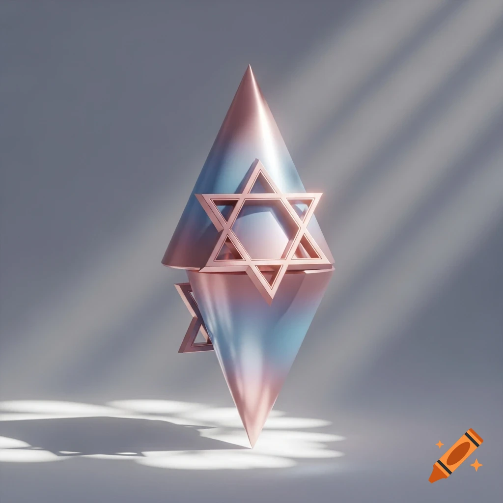 Rose gold and blue iridescent 3D render of two merged cones forming a Star of David, with reflections and light rays.