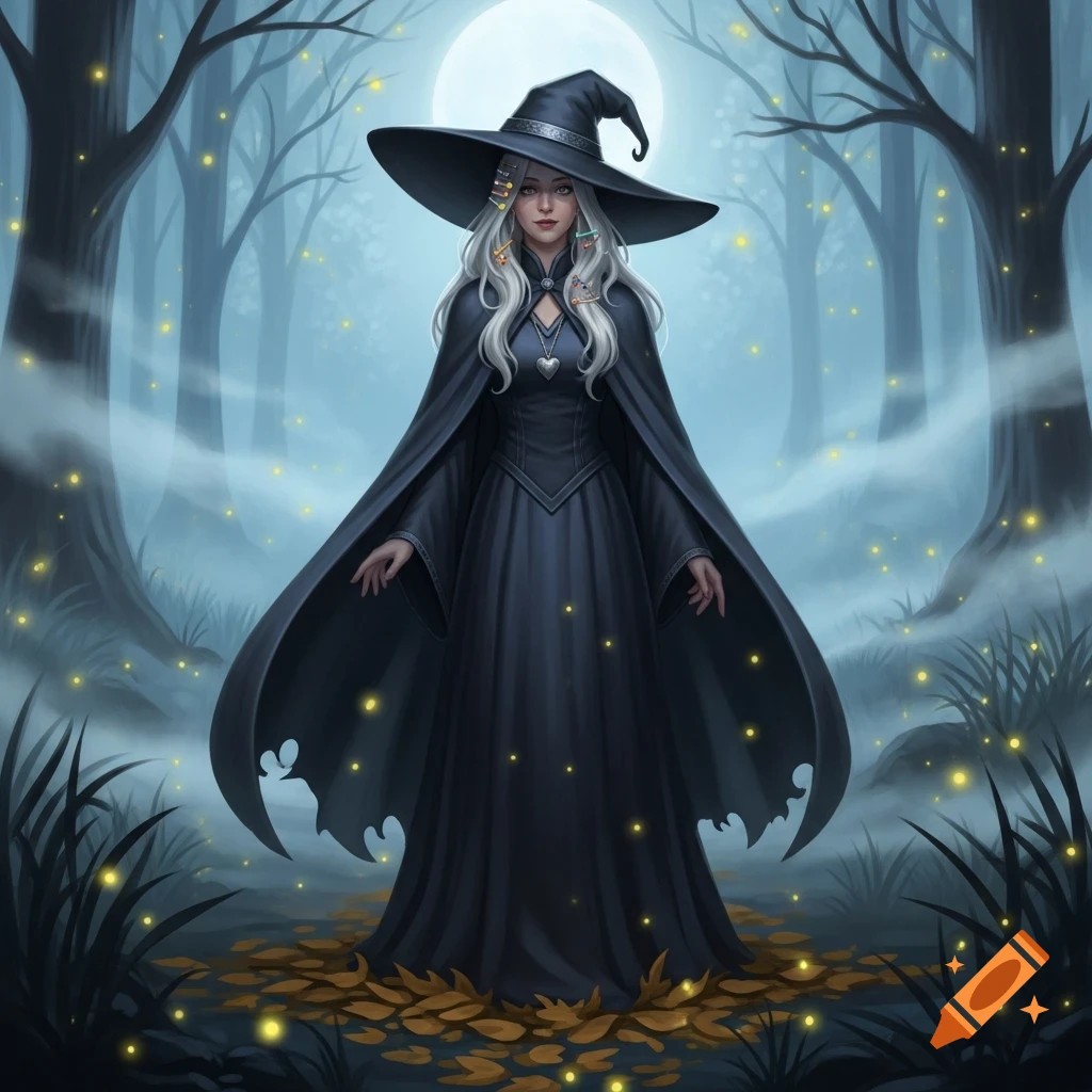 A white-haired witch in a black pointed hat and cloak stands in a foggy, mystical forest with glowing yellow lights and a full moon.