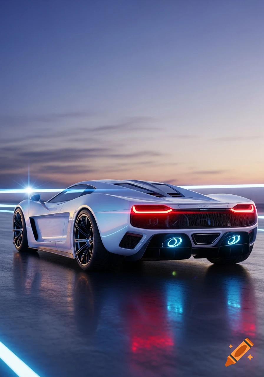 A sleek white futuristic sports car with red taillights and blue exhaust glow, reflecting on a wet road at dusk.
