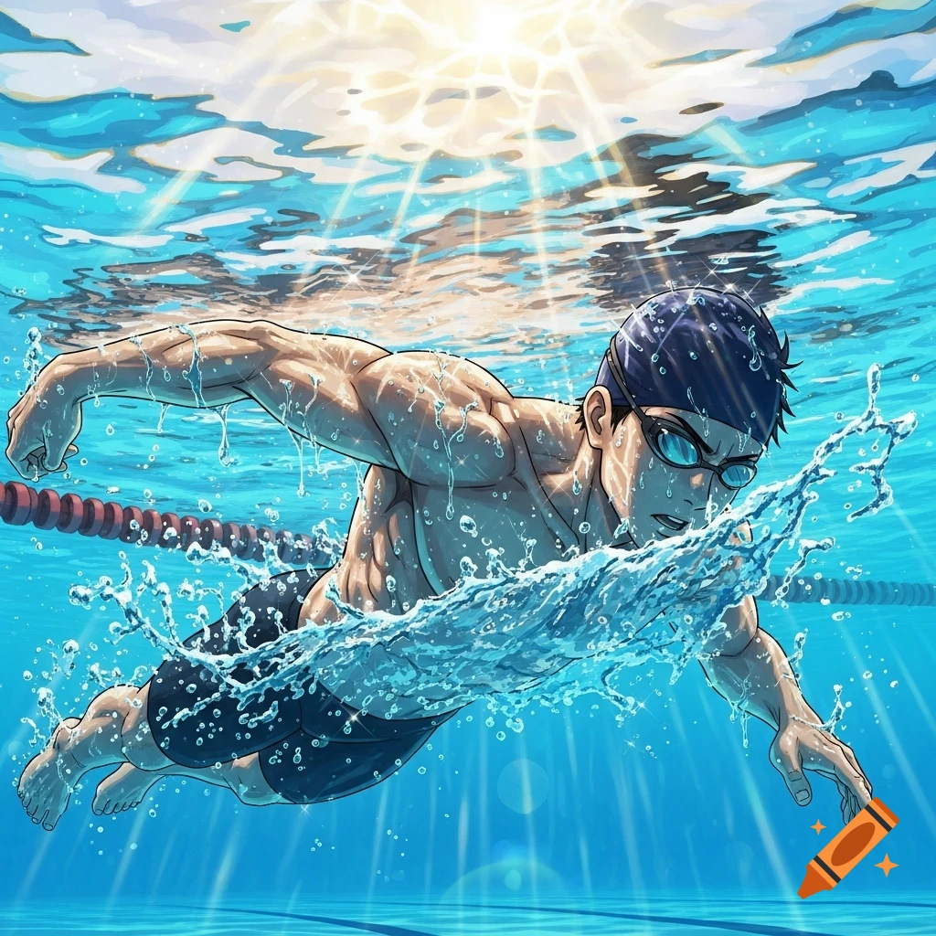 Anime-style male swimmer in a blue cap and goggles doing the crawl stroke in a sunlit pool with water splashing.