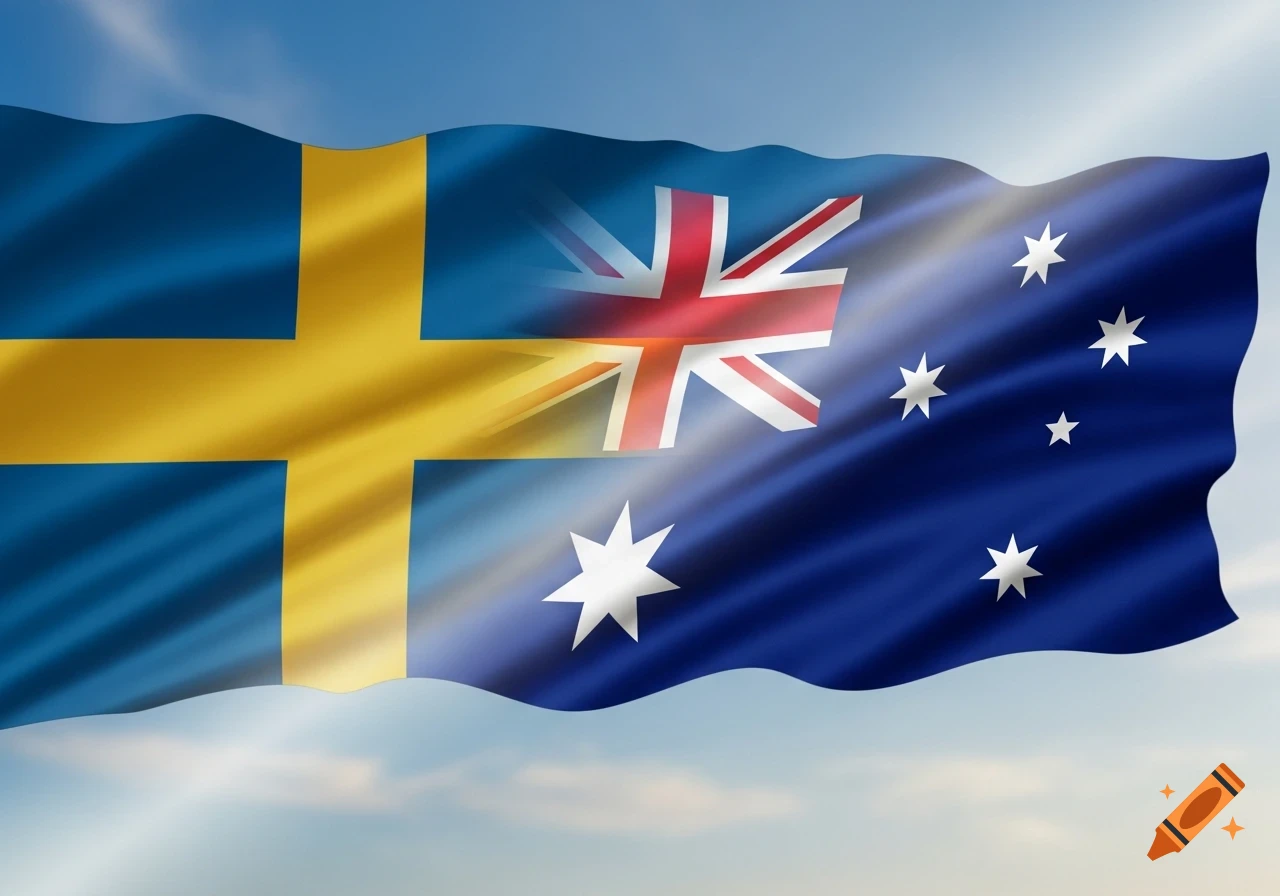 A waving flag showing the Swedish flag morphing into the Australian flag against a blue sky.