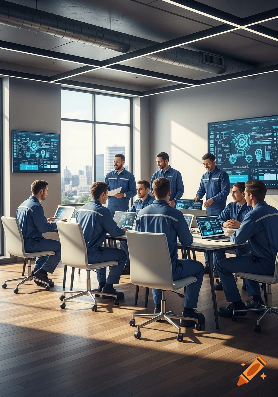 A group of men in blue technician uniforms meeting in a modern room with large windows, looking at laptops and wall screens.