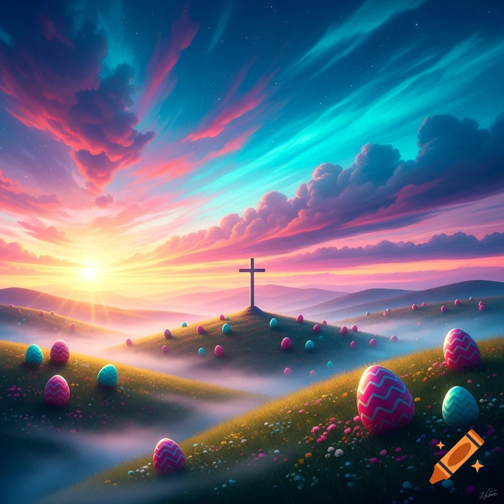 Vibrant, stylized sunset over misty, grassy hills with a cross and colorful Easter eggs scattered across the landscape.