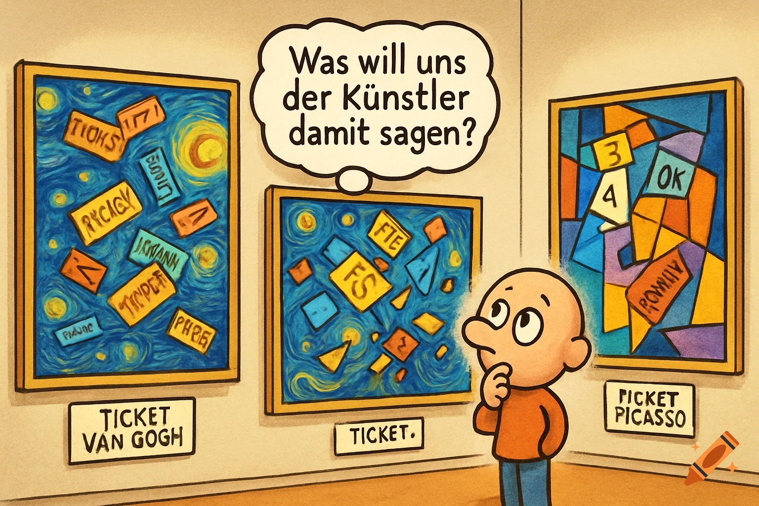 A cartoon man in an art gallery looks thoughtfully at three abstract paintings, with a thought bubble reading "What does the artist want to tell us?".