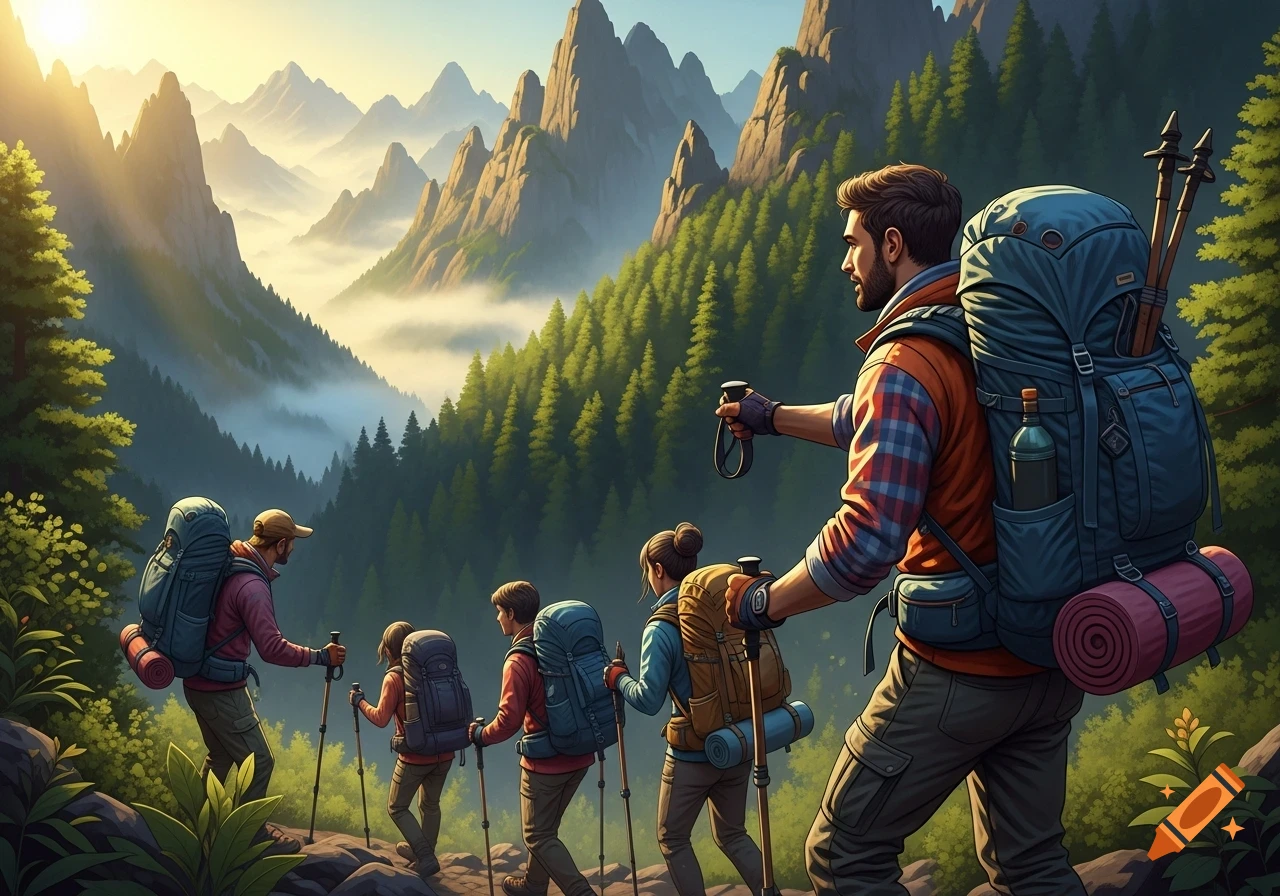 A group of hikers with backpacks and poles trek through a lush mountain landscape at sunrise, with mist in the valleys.