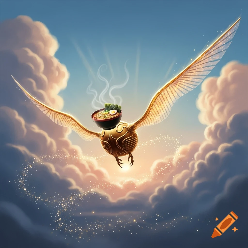 A golden Snitch from Harry Potter with open wings, flying through a cloudy sky with magical glitter, carrying a steaming bowl of ramen.