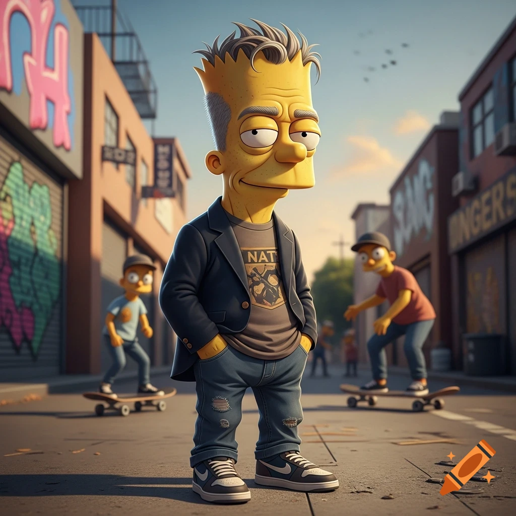 A hyper-realistic, aged Bart Simpson stands in an urban street, wearing a jacket and ripped jeans, with two younger skateboarders in the background.