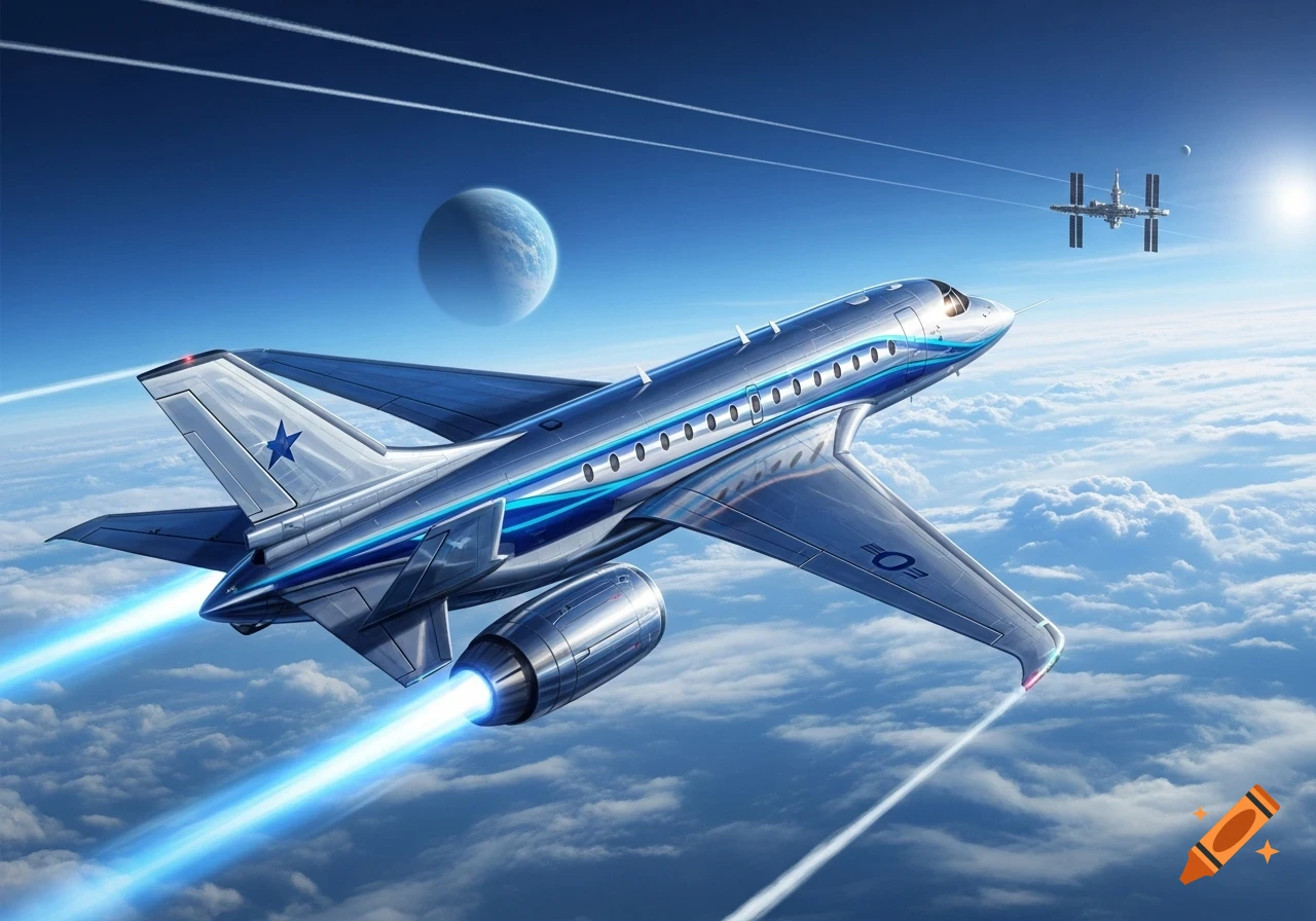 A sleek silver jet, leaving blue trails, flies above clouds towards a space station and distant planet under a bright sun.