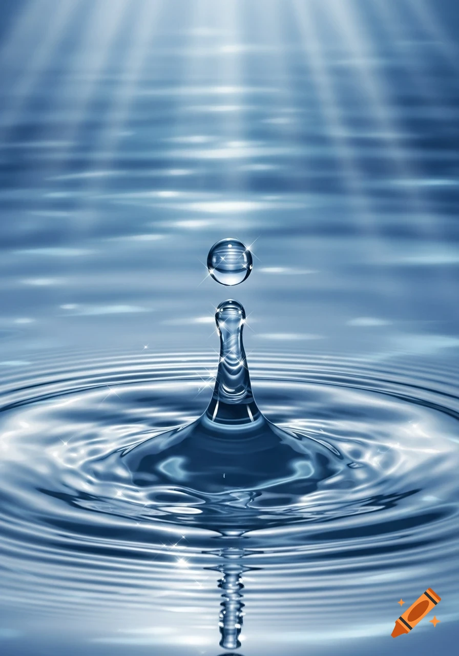 A close-up, photorealistic shot of a water droplet falling into a body of water, creating ripples and a splash, with light rays in the background.