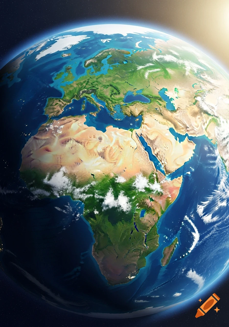 Detailed view of Earth from space, showcasing Europe, Africa, and parts of Asia, with blue oceans and white clouds under sunlight.