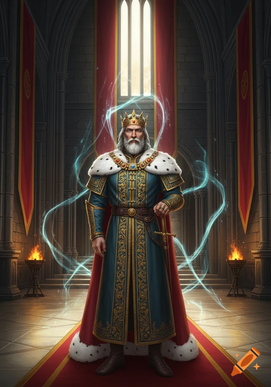 A majestic bearded king in ornate blue and gold robes and a crown, holding a sword, stands in a gothic castle hall with a magical aura.