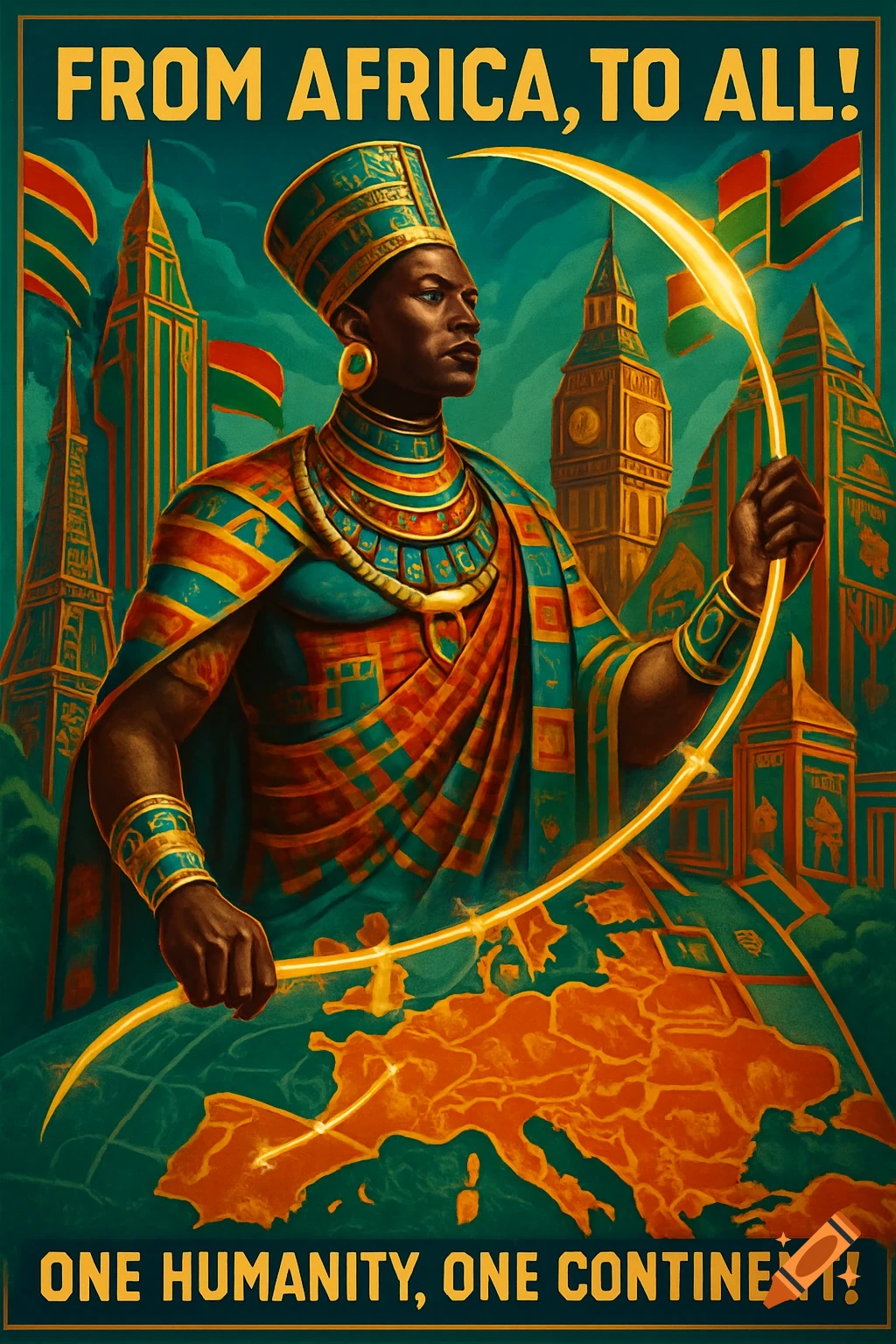 Art Deco propaganda poster: A regal African figure over a map of Europe, with European landmarks flying African flags. Text: 'FROM AFRICA, TO ALL! ONE HUMANITY, ONE CONTINENT!'