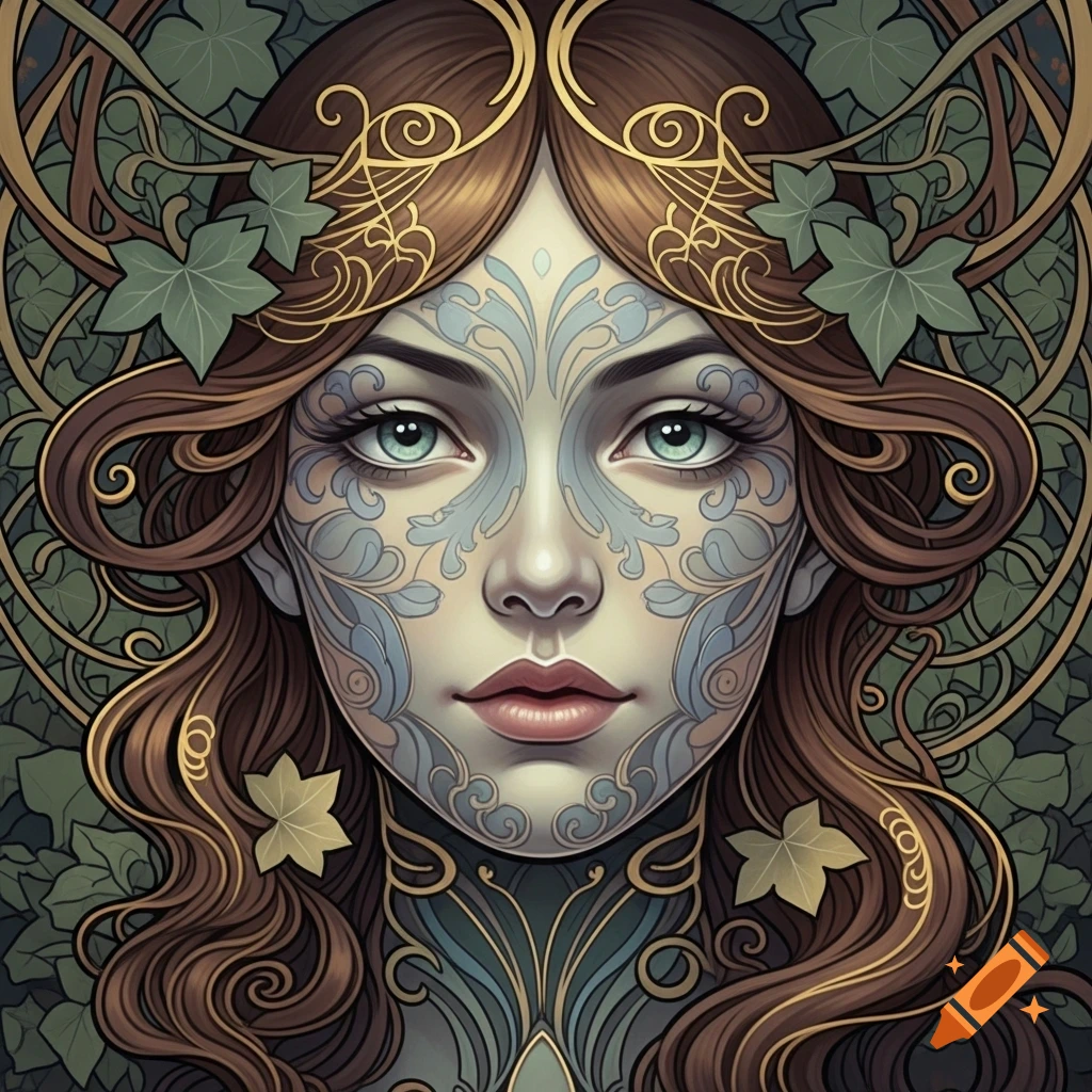 Art Nouveau portrait of a woman with long brown hair, green eyes, and intricate blue and gold facial patterns, surrounded by leaves.
