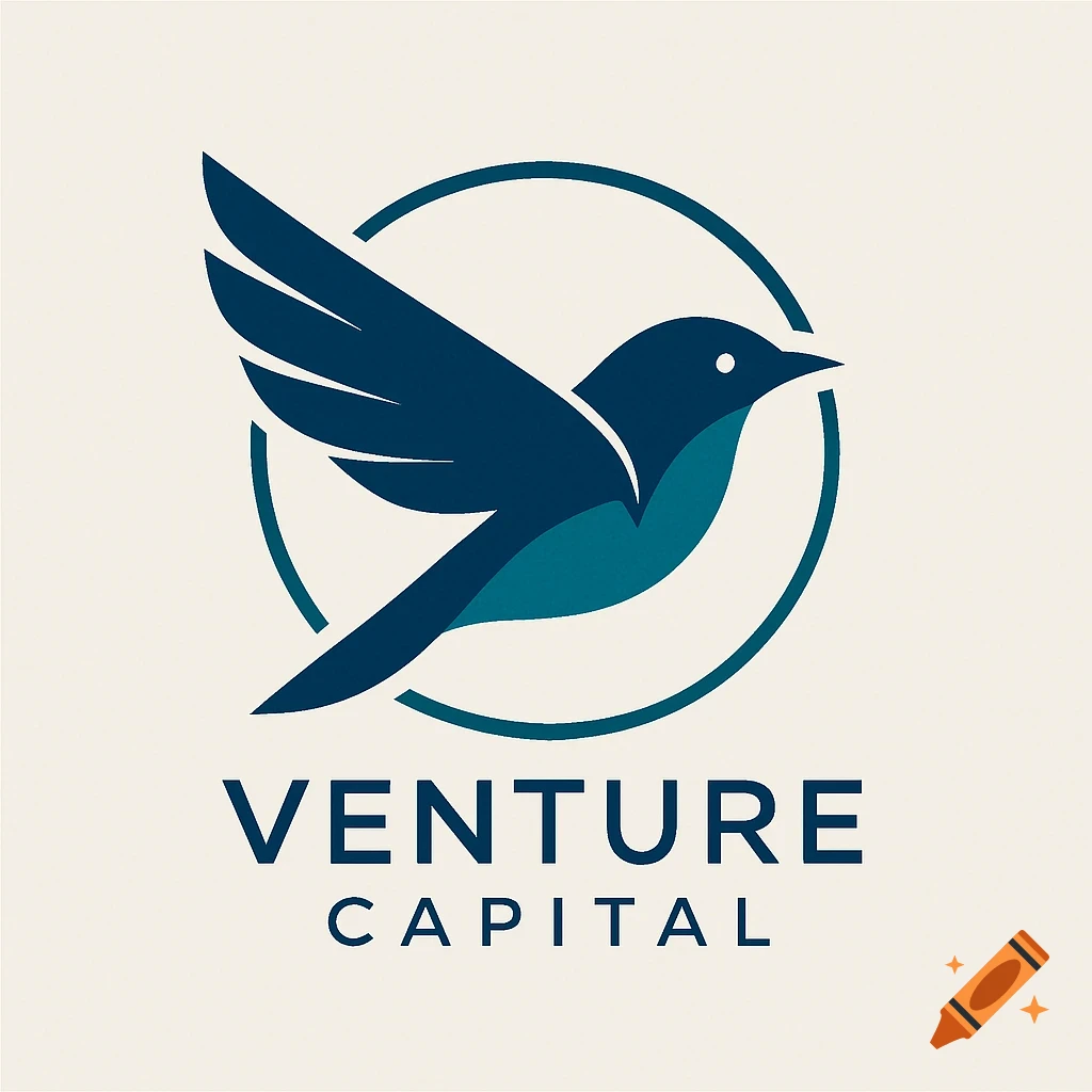 Modern logo for Venture Capital, featuring an abstract blue finch with outstretched wings inside a circular arc.