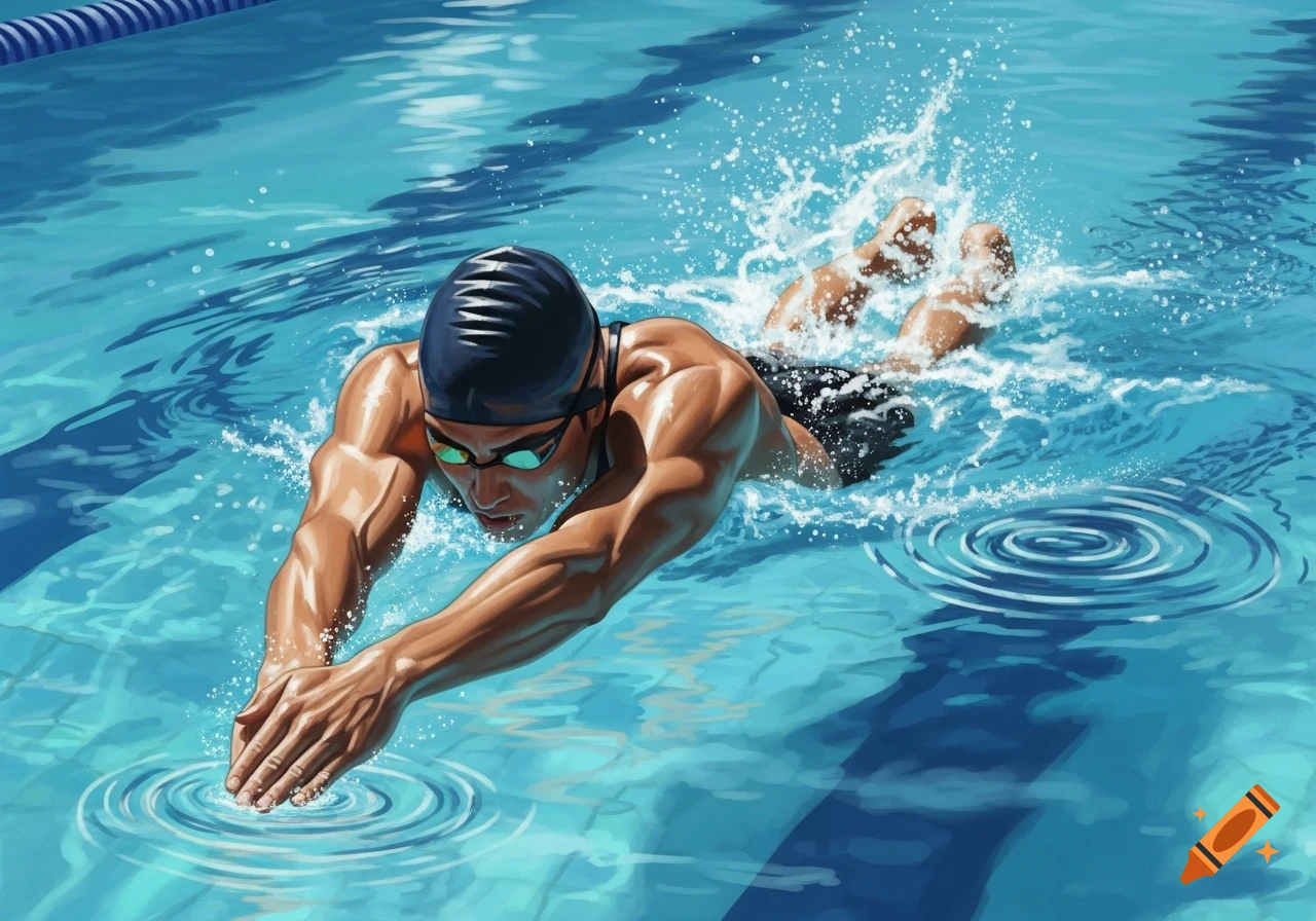 A muscular swimmer in a cap and goggles performing the freestyle stroke in a bright blue pool, digital illustration.