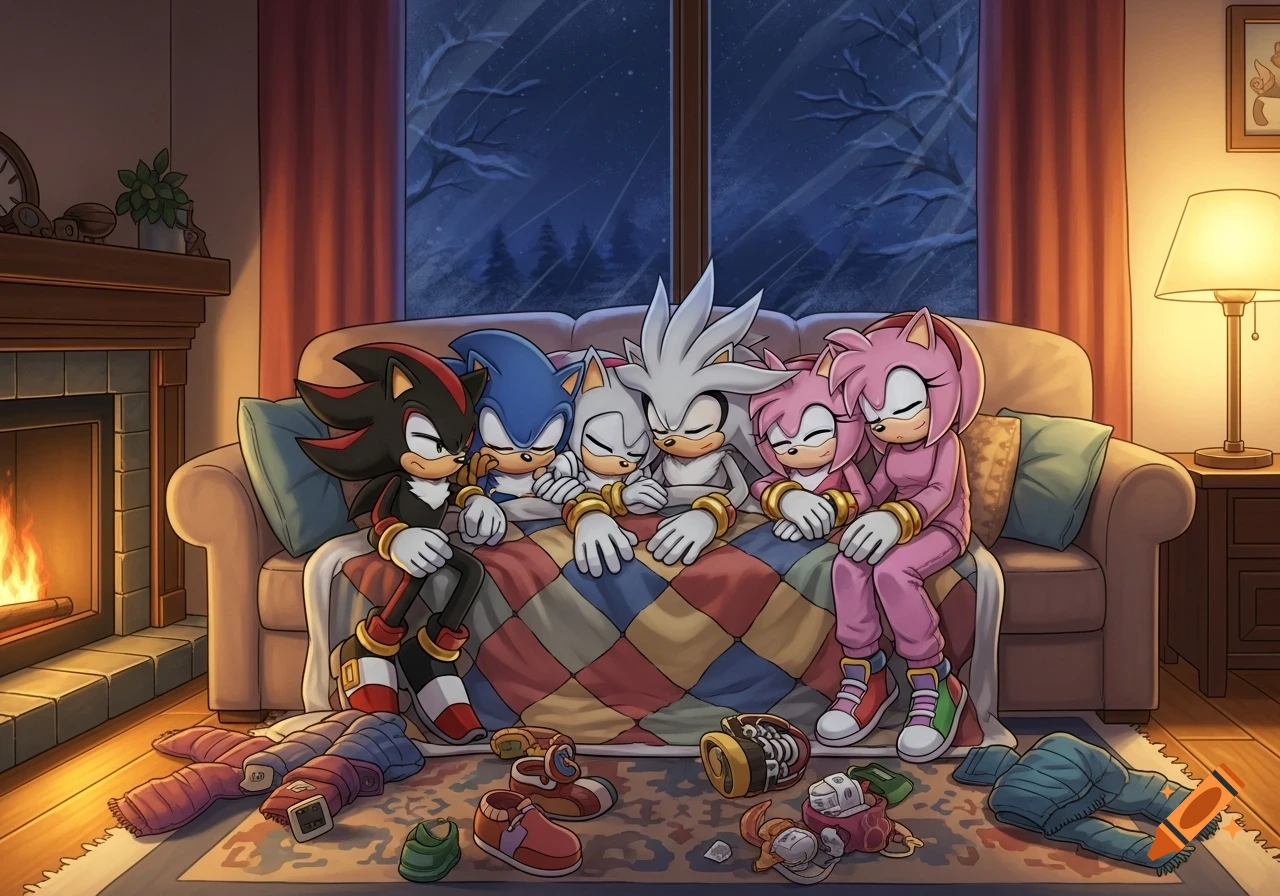 Sonic, Shadow, Silver, and Amy Rose snuggle asleep on a couch under a blanket by a fireplace during a snowy night.