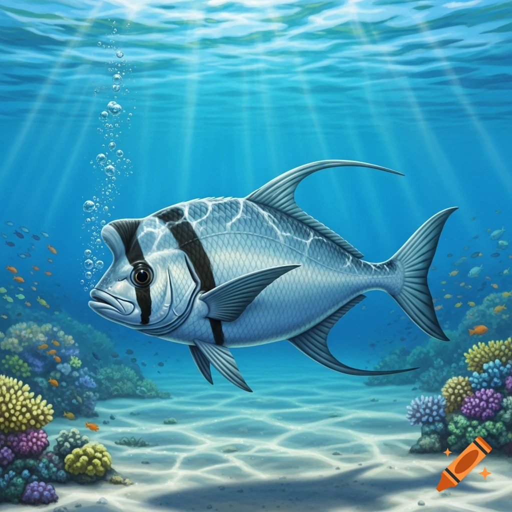 A stylized silvery fish with black stripes and a prominent dorsal fin swims over a sandy seafloor, surrounded by colorful coral, with sun rays piercing the blue water.