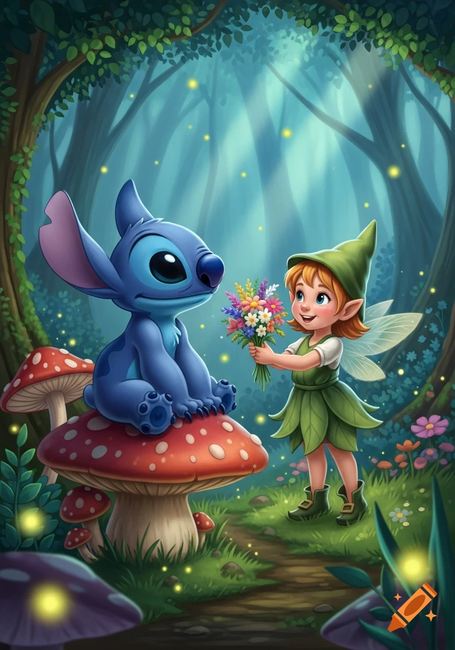 A cute blue alien character, Stitch, sits on a red mushroom while a smiling fairy girl offers him a colorful bouquet in a magical forest with fireflies.