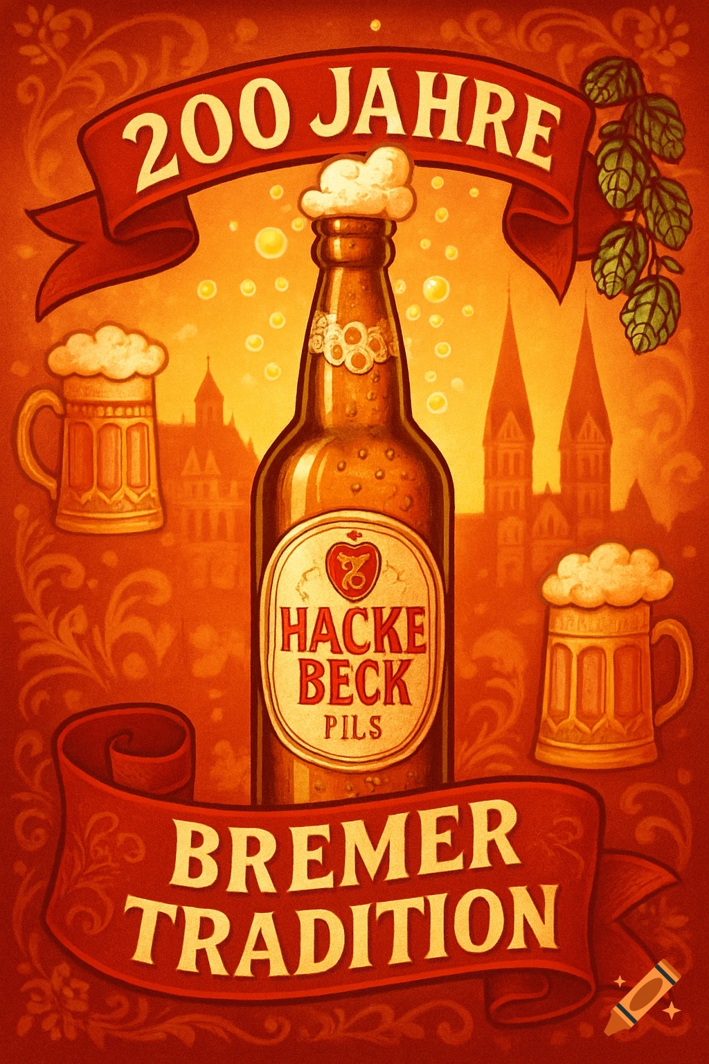 Vintage-style poster for "Hacke Beck Pils" beer, celebrating "200 Jahre Bremer Tradition" with a bottle, mugs, and city silhouette.