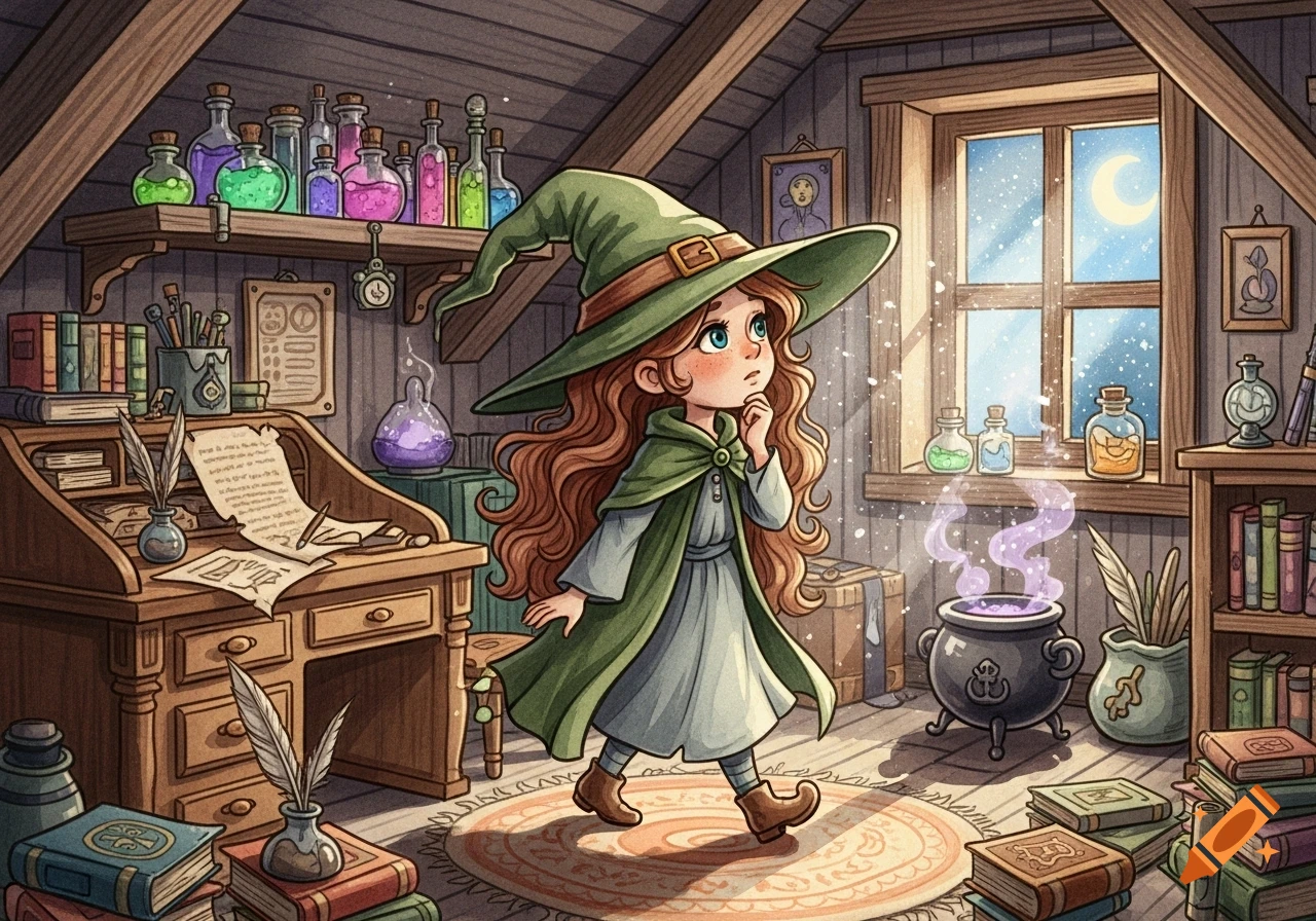 A whimsical cartoon witch with a green hat and cloak walks thoughtfully in her potion-filled attic study, with a moonlit window.