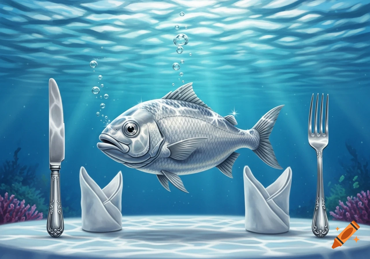 A large silver fish swims between an ornate knife and fork, with two folded napkins, all set on a table underwater.