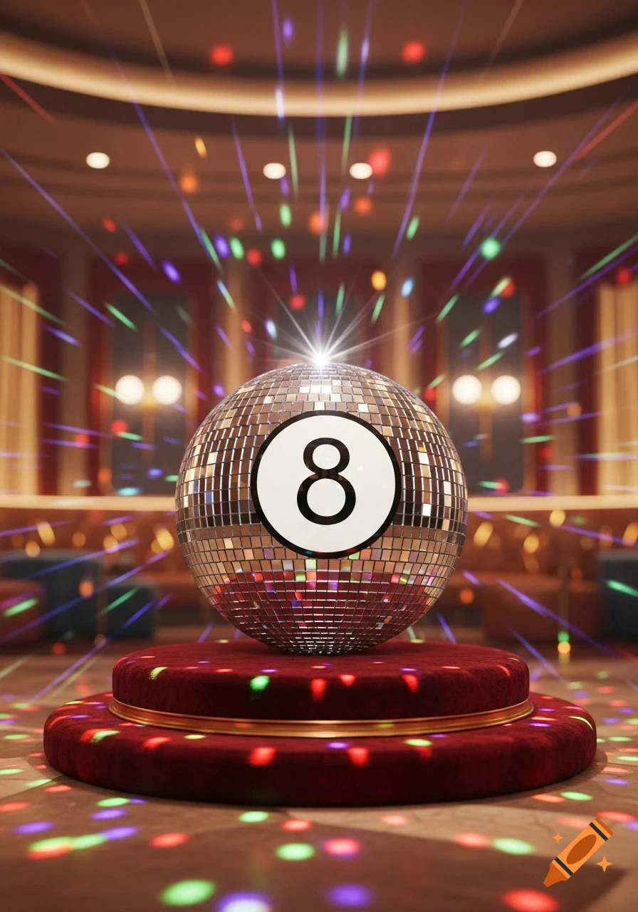 A magic 8-ball disco ball sits on a red velvet pedestal in a vibrant club with colorful disco lights.