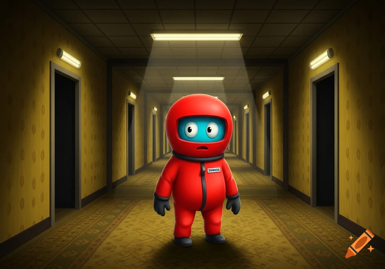 A red cartoon astronaut-like character with wide blue eyes stands in a long, empty hallway with yellow patterned walls and multiple doors.
