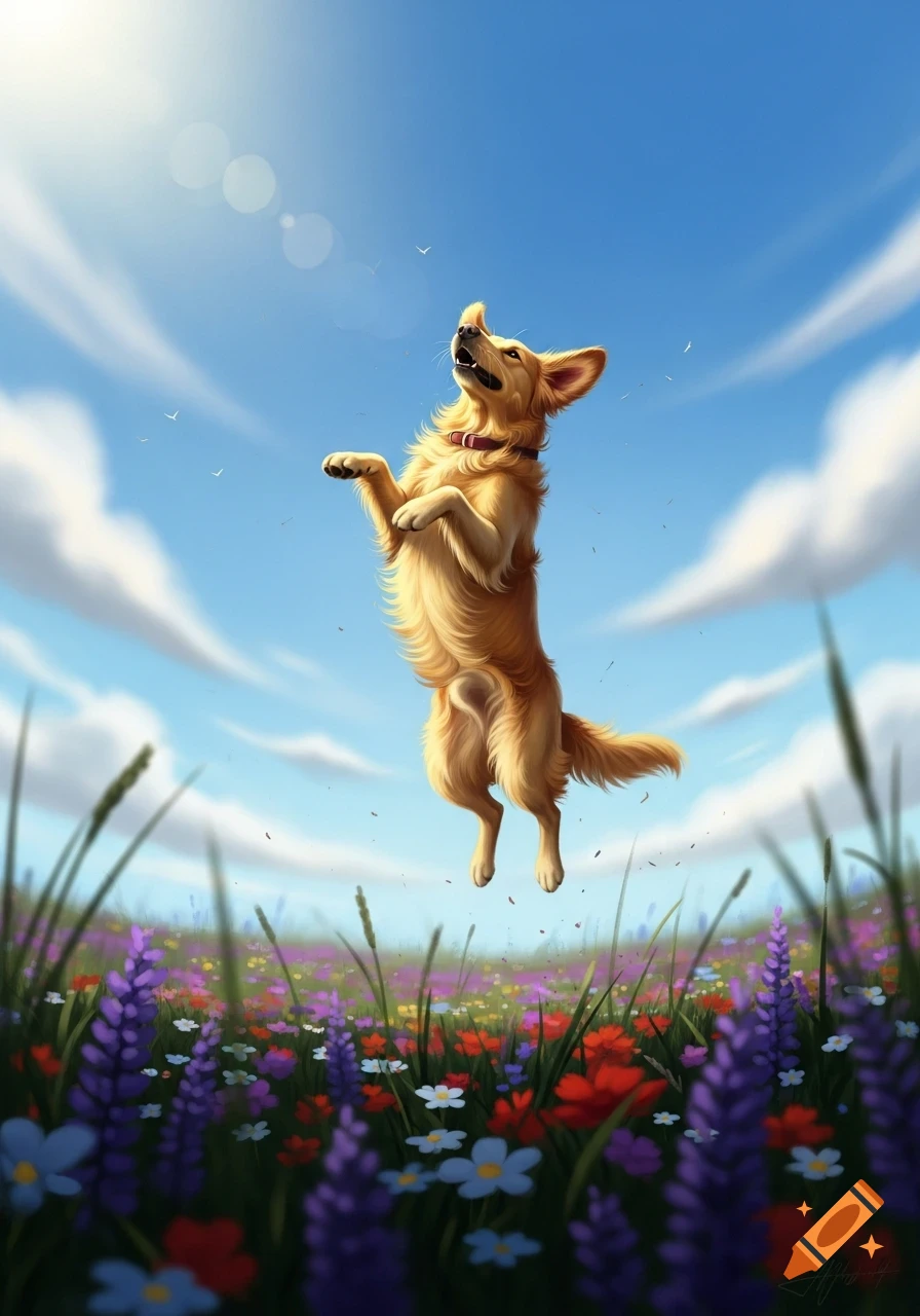 Golden dog joyfully jumping high in a vibrant wildflower meadow under a ...