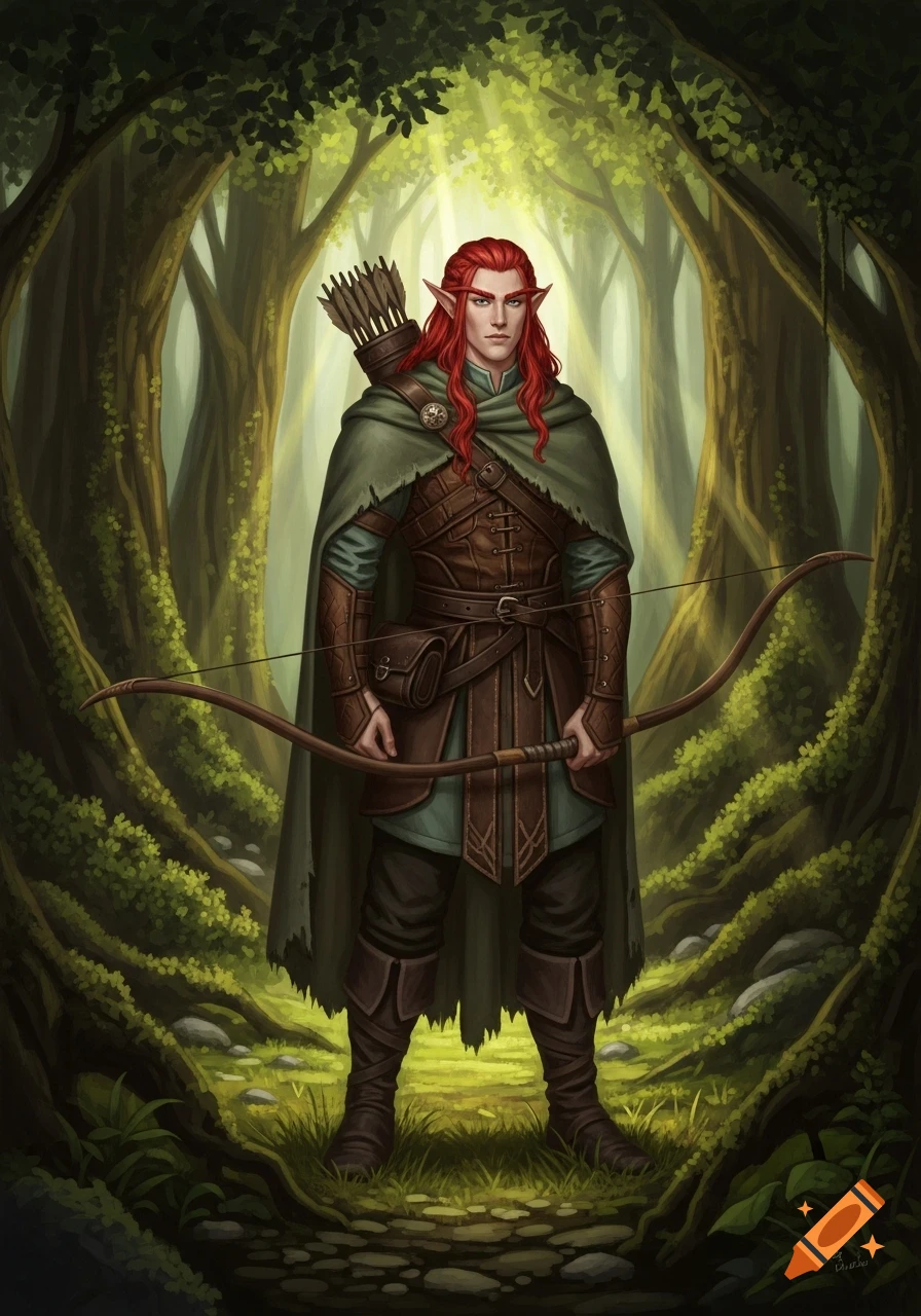 A red-haired elf in green cloak and brown medieval clothing stands in an enchanted forest, holding a bow with a quiver on their back. Digital painting.