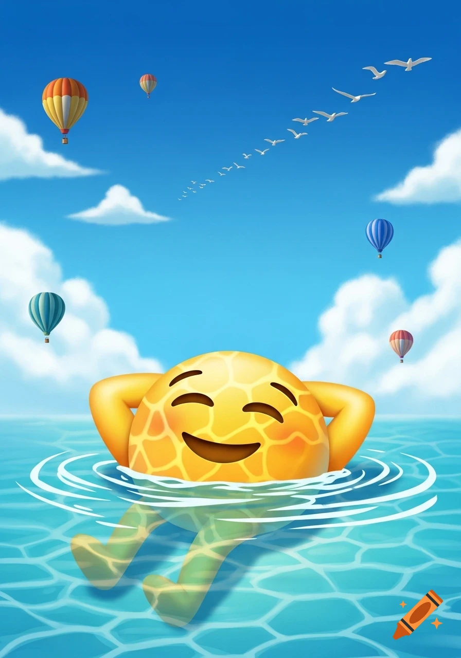 Cartoon illustration of a happy, giraffe-patterned emoji floating in clear blue water under a sky with hot air balloons and birds.