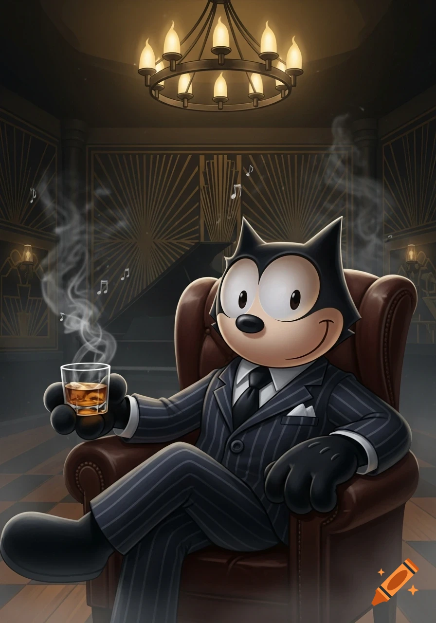 Felix the Cat in a pinstripe suit sits in a leather armchair, holding a glass of whiskey, and smoking in a luxurious, dimly lit room.