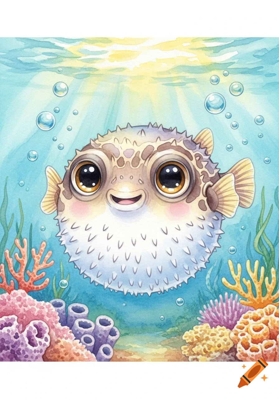 A cute, smiling pufferfish with large eyes swims underwater among colorful coral and seaweed in a watercolor illustration.
