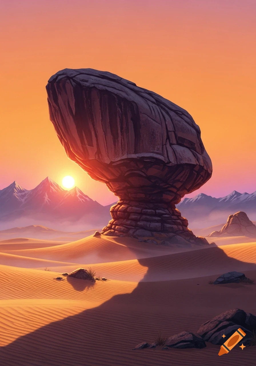 A large, balanced rock formation stands in a vast desert landscape with sand dunes and mountains under an orange and pink sunset sky.