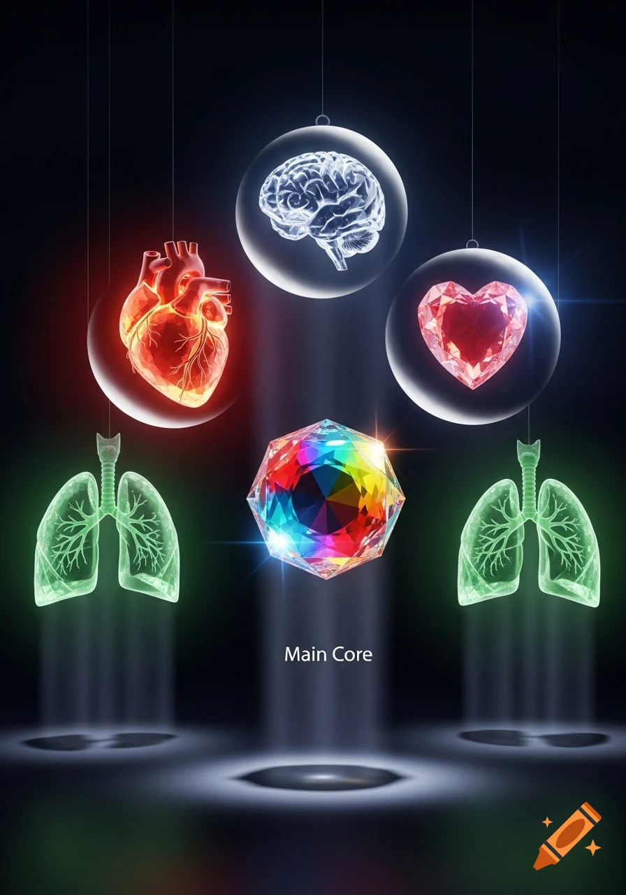 Stylized human organs (heart, brain, lungs) and colorful crystals, with a central rainbow gem labeled 'Main Core' on a dark background.