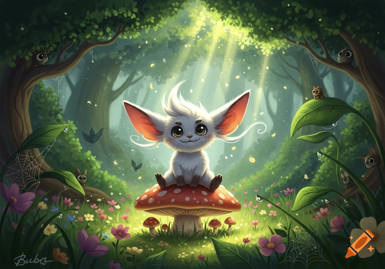 A cute, white, big-eared creature with large eyes sits on a red and white mushroom in a magical, sunlit forest with flowers and small critters.