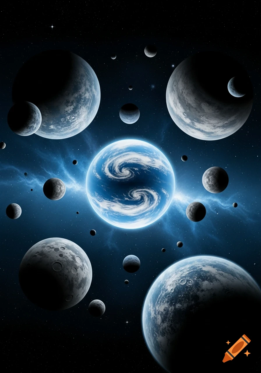 Blue and gray planets and moons orbiting in a dark, starry space with a central glowing blue nebula.