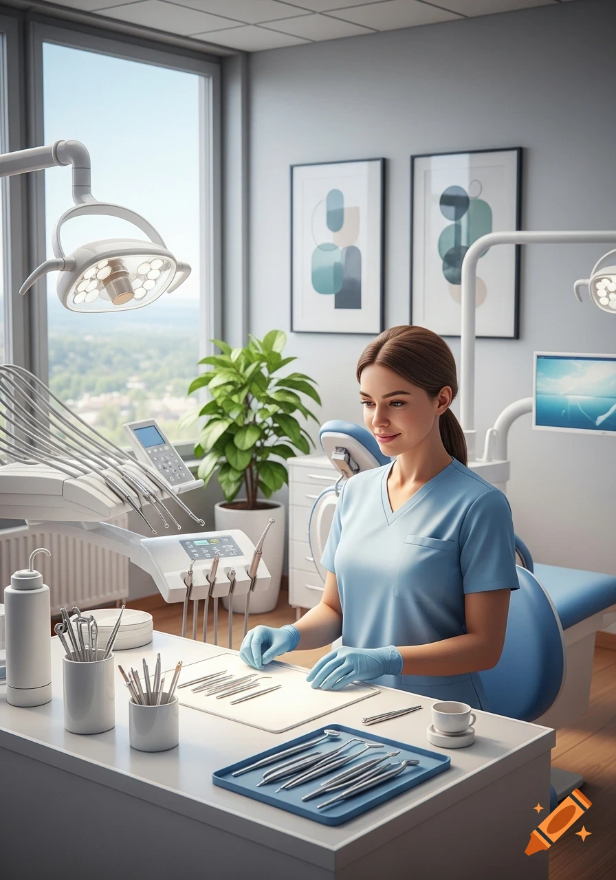 A female dental assistant in blue scrubs sorts dental instruments in a modern, sunlit dental office.