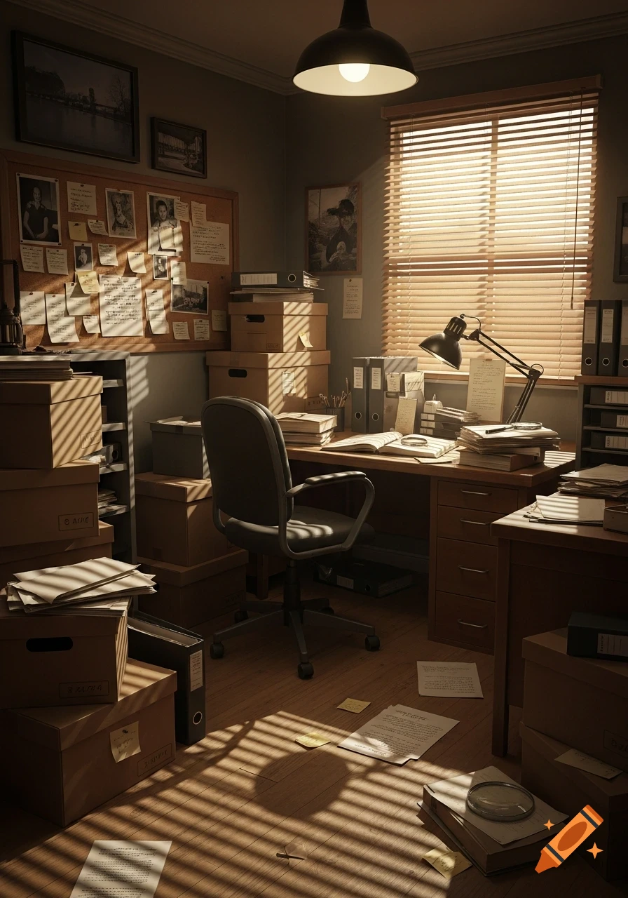 An old-fashioned, messy detective's office bathed in light filtering through Venetian blinds, filled with stacks of cardboard boxes, file cabinets, and papers strewn across a desk and the floor.