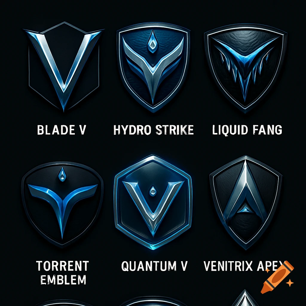 Six metallic blue and silver logos with varying shapes and abstract designs, each labeled with a name like 'Blade V' and 'Hydro Strike', on a dark background.