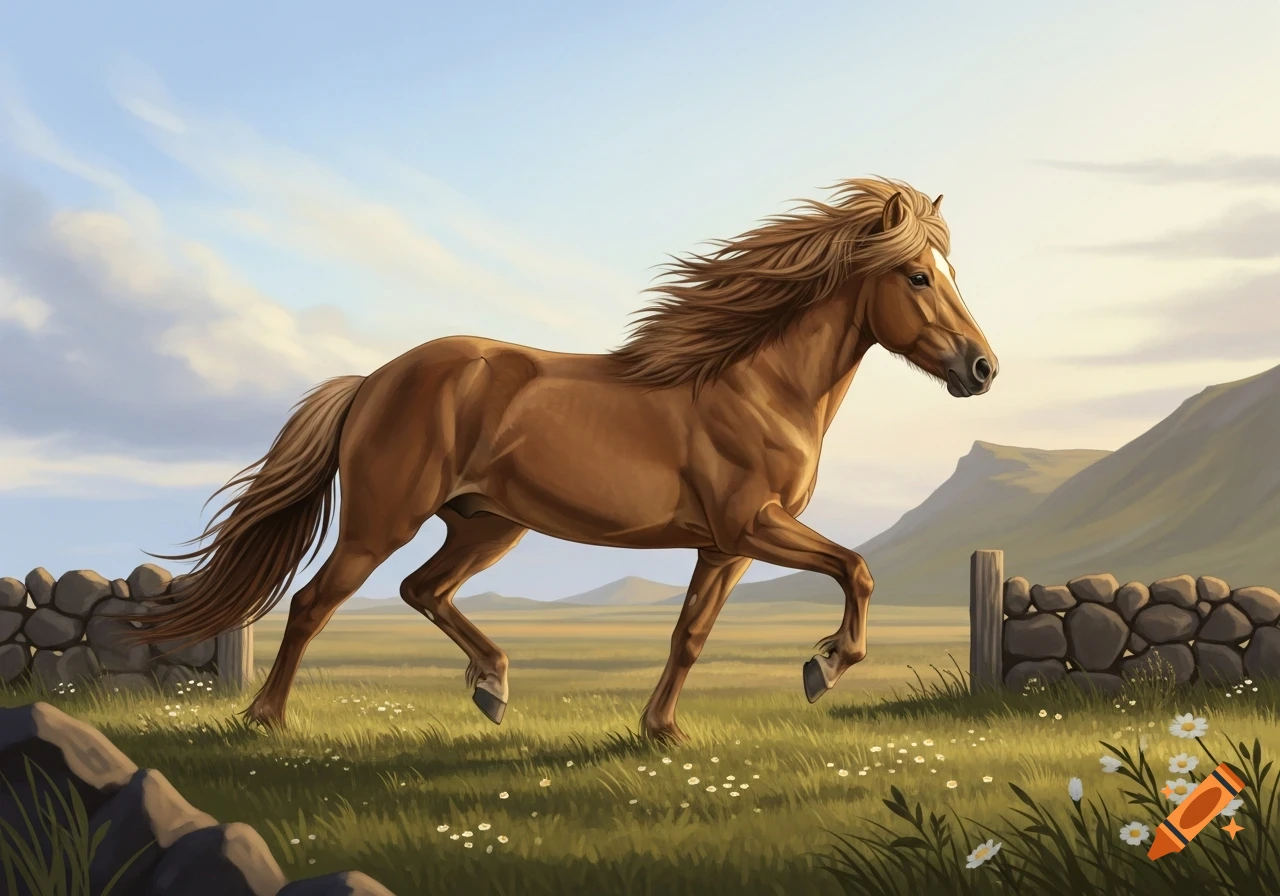 A brown horse with a flowing mane and tail gallops through a green ...
