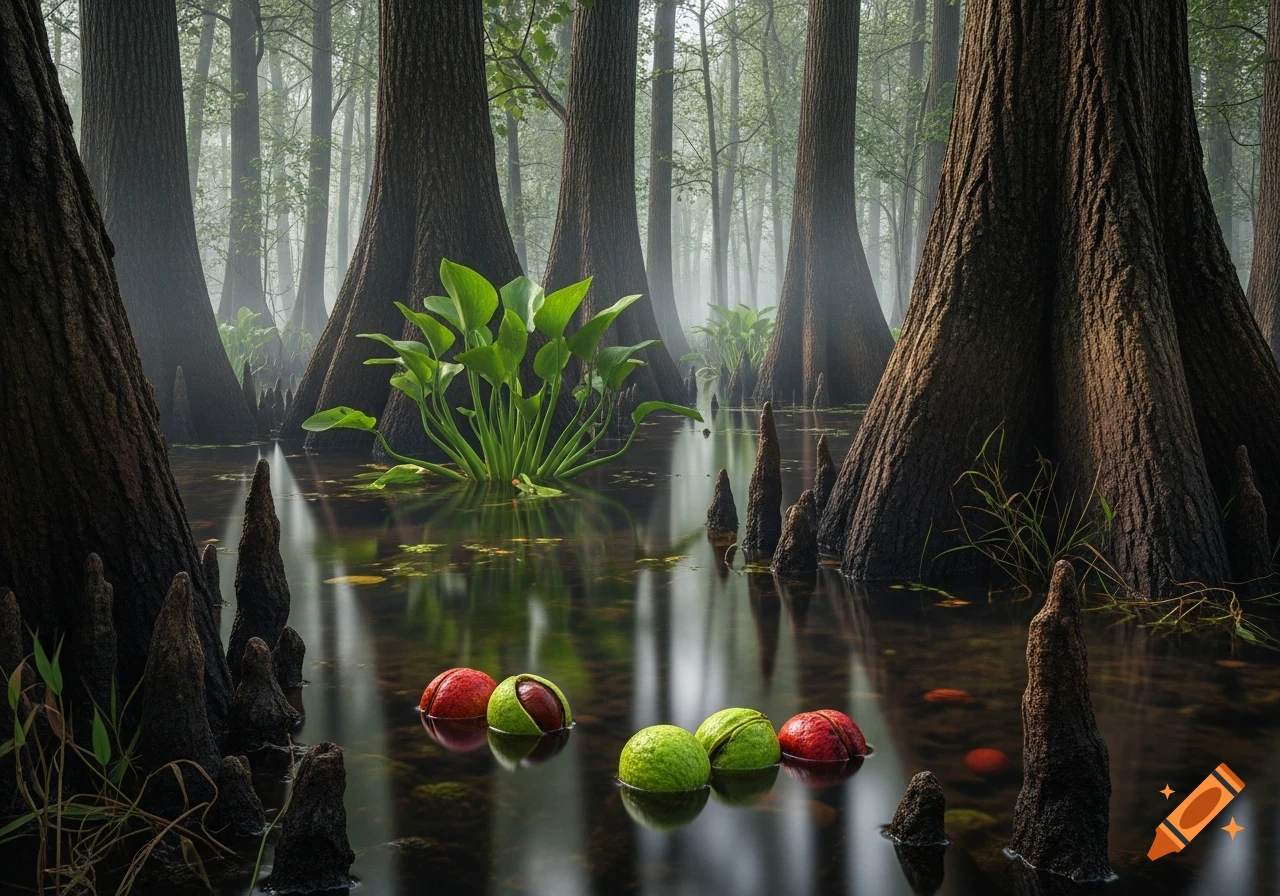 Photorealistic image of a misty swamp with large cypress trees, cypress knees, and green and red nuts floating in dark water.
