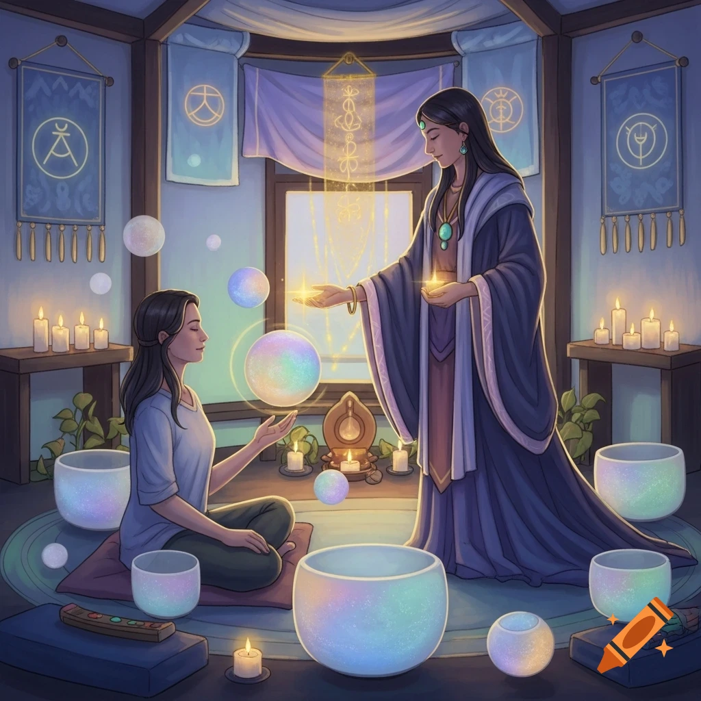 Two women in a serene, spiritual room, one seated and one standing, interacting with glowing, colorful orbs and crystal singing bowls. Candles and mystical banners adorn the space.