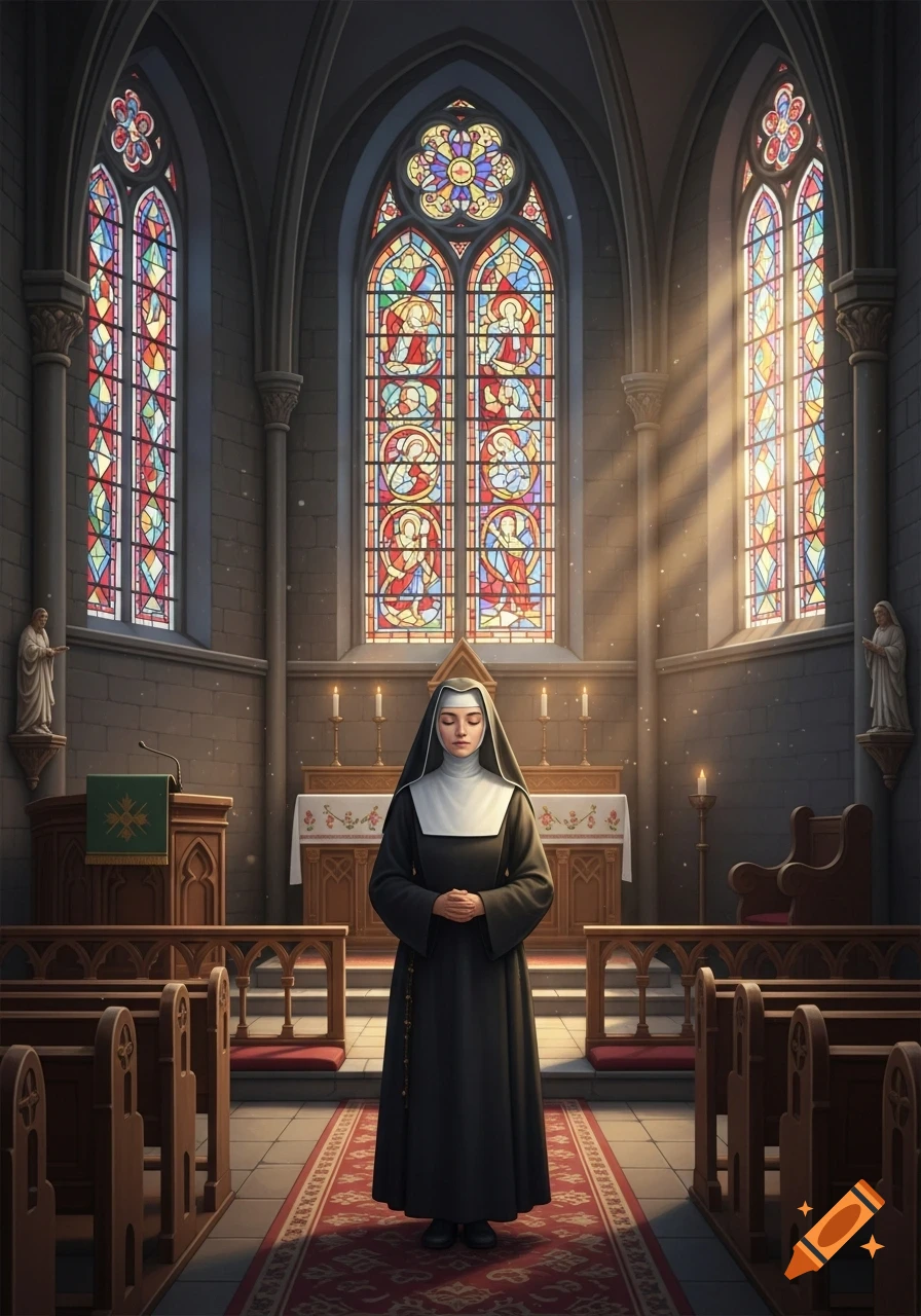 A nun stands praying in a grand church with stained glass windows and light streaming through.