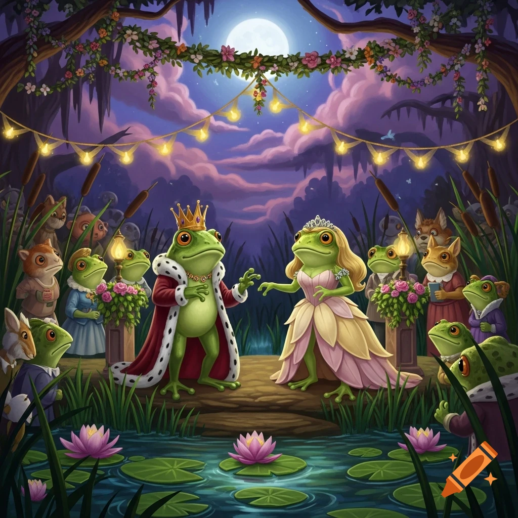 Whimsical illustration of a frog king and princess dancing on a wooden stage in a moonlit swamp, with other animal guests and string lights.