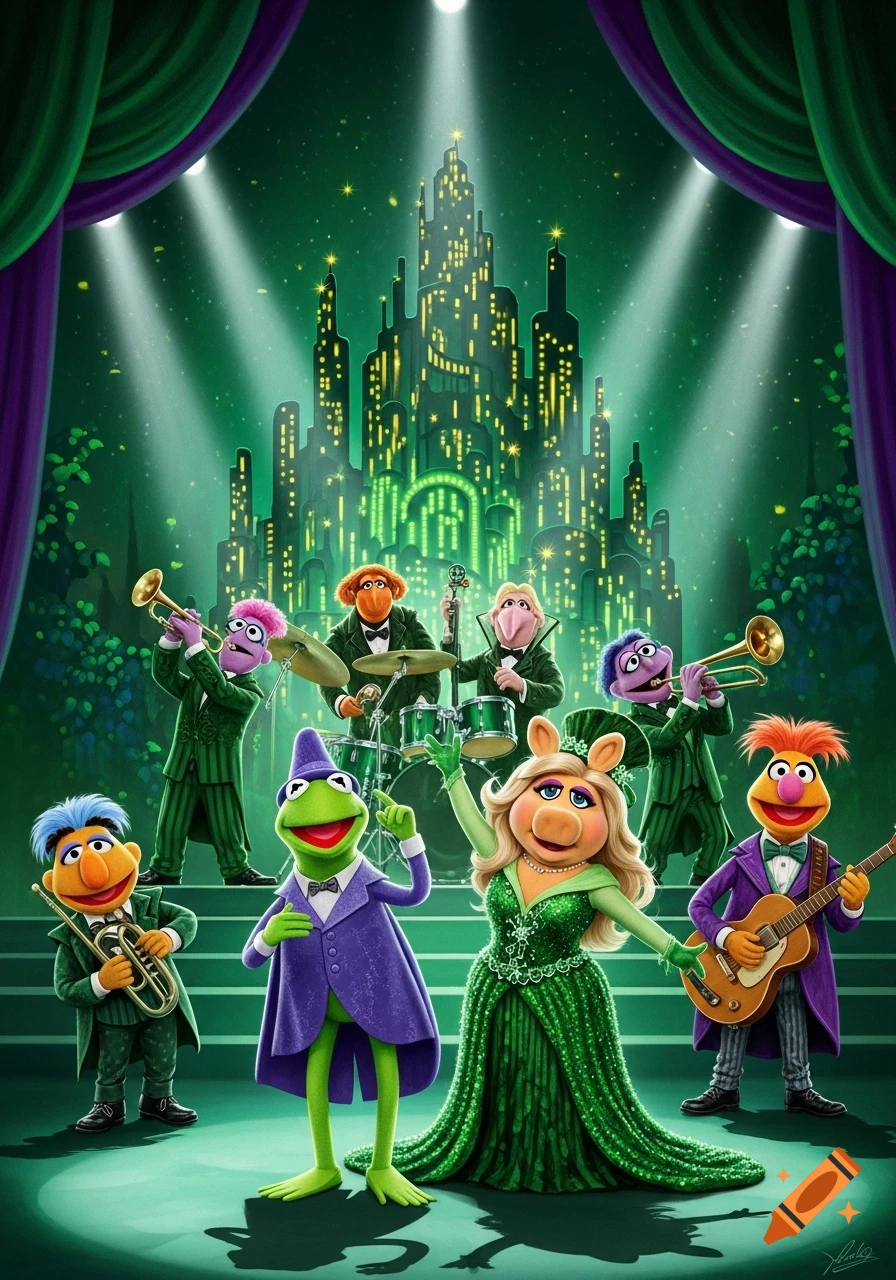 Kermit, Miss Piggy, and the Muppets perform on a green stage with a glowing Emerald City backdrop under spotlights.