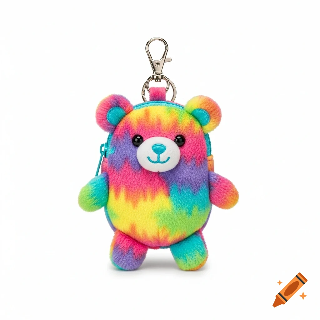 A cute, colorful tie-dye bear-shaped keyring bag with a zipper, designed to hold small items.