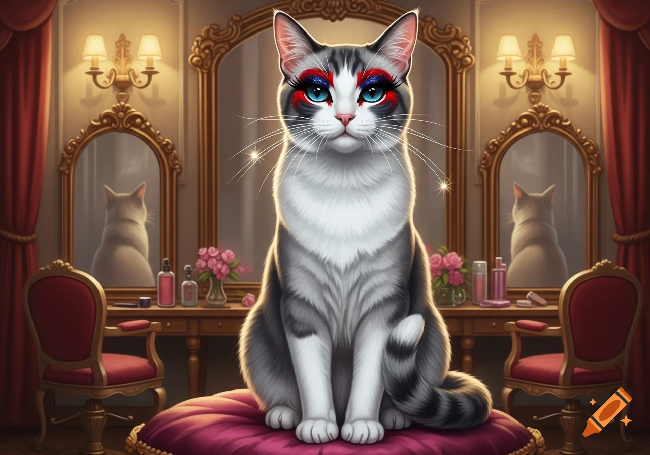 A gray and white cat with vibrant red and blue eye makeup sits on a plush red cushion in a fancy dressing room.