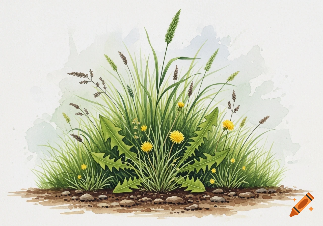 Watercolor illustration of a patch of green grass, dandelions, and other wild plants growing from soil and pebbles.