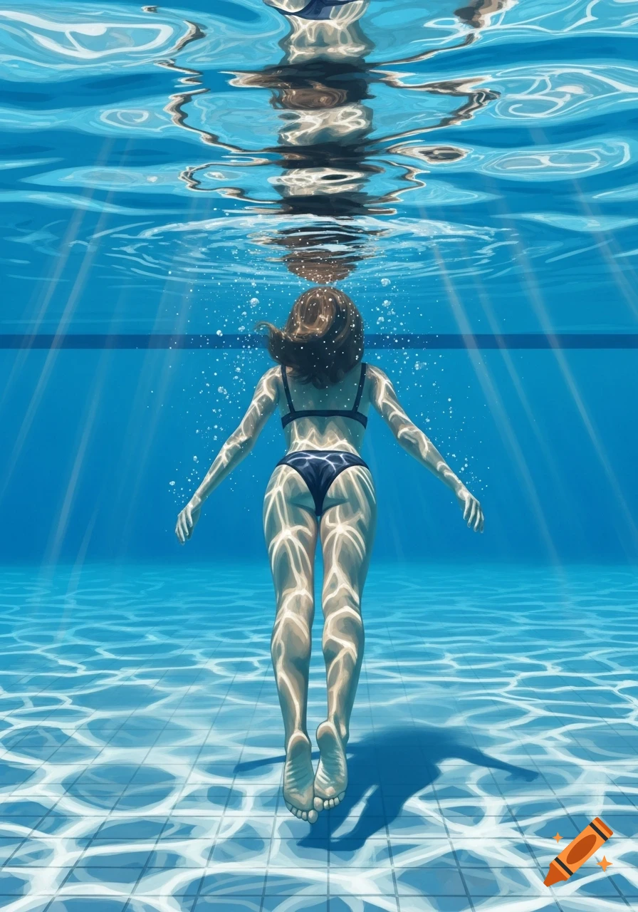 A woman in a dark bikini swims underwater in a bright blue pool, sunlight dappling her body and the tiled floor. Illustration.