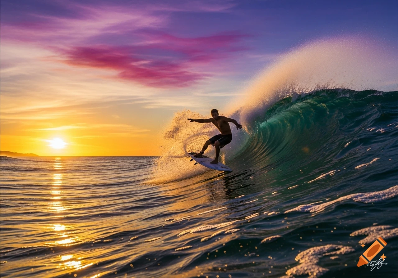 A surfer rides a large wave during a vibrant sunset, silhouetted against an orange, yellow, and purple sky.